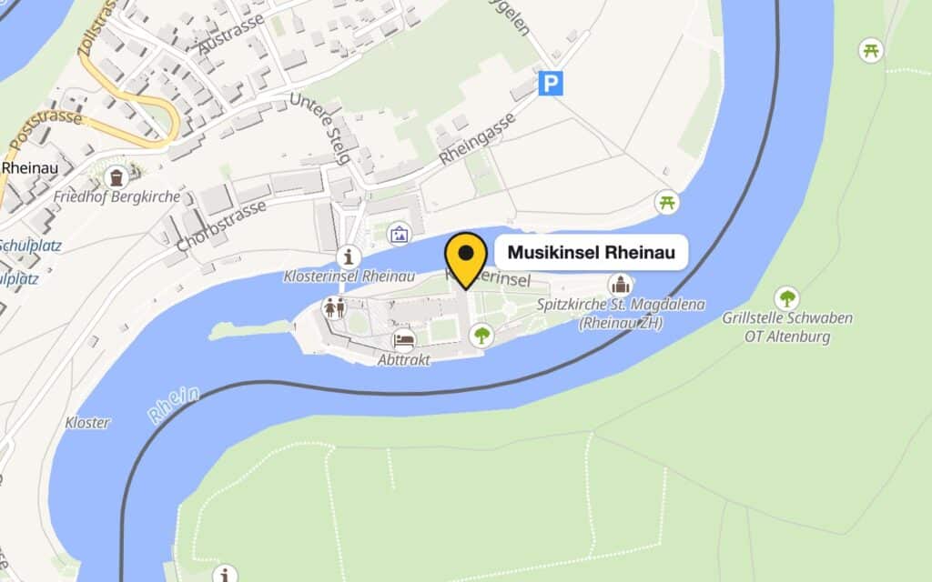 Karte von Rheinau mit Markierung der Musikinsel auf der Klosterinsel im Rhein